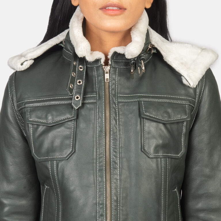Womens Fiona Green Hooded Shearling Leather Jacket Close-Up-9-1652195502525